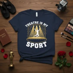 Theatre Is My Sport T-Shirt featuring white text and a silhouette of a performer on stage with spotlights and confetti
