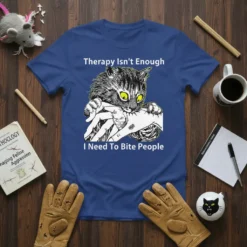 T-shirt with "Therapy Isn't Enough I Need To Bite People" text and a drawing of a cat biting a hand