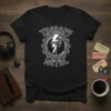 Black t-shirt with white "Therapy Metal" text and a central graphic of a lightning bolt, axe, and gear