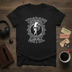 Black t-shirt with white "Therapy Metal" text and a central graphic of a lightning bolt, axe, and gear