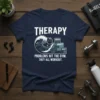 Navy t-shirt with "Therapy Problems Hit The Gym. They All Workout." text and gym graphics
