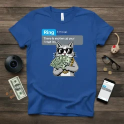 T-shirt design shows a cool cat holding money with a Ring notification "There is motion at your Front Door"