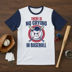 Baseball t-shirt design with text "There Is No Crying In Baseball" and a grumpy baseball graphic with crossed bats