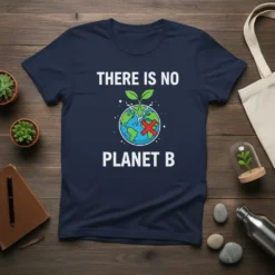 Navy t-shirt with "THERE IS NO PLANET B" text and an illustration of Earth with a crack and a red