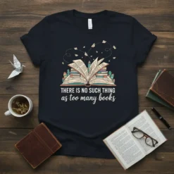 T-shirt with the quote "THERE IS NO SUCH THING as too many books" above an illustration of an open book