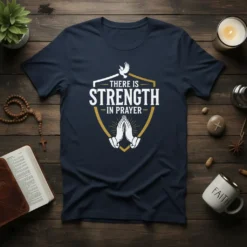 Navy t-shirt with white text "There Is Strength In Prayer" inside a shield graphic with praying hands and a dove