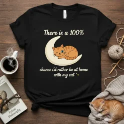Text "There is a 100% chance i'd rather be at home with my cat" with cute cat on moon graphic