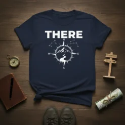 Navy t-shirt with the word THERE above a white compass design featuring mountains and constellations