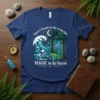 Quote "There's beauty in the ocean but there's MAGIC in the forest" with wave and forest graphics on a navy