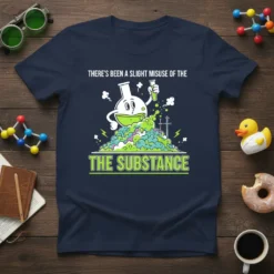 Navy blue t-shirt featuring a cartoon illustration of a bubbling beaker with the text "There's Been a Slight Misuse of