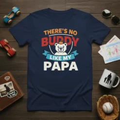 There's No Buddy Like My Papa t-shirt design with a bear wearing a crown and text in orange, red, and