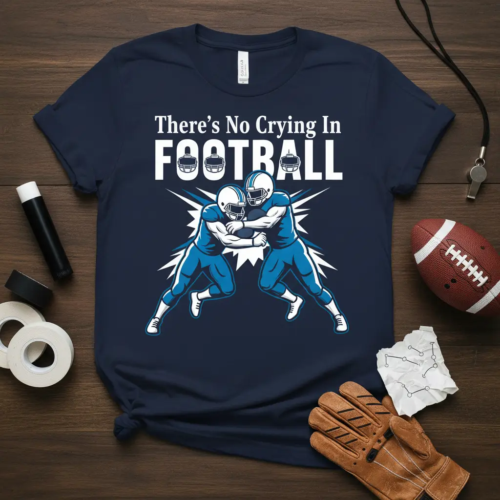 There's No Crying In FOOTBALL quote t-shirt design with intense football player graphic