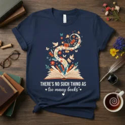 There's No Such Thing As Too Many Books quote on a navy t-shirt with an open book graphic and flying
