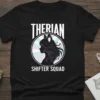 Black t-shirt featuring "THERIAN SHIFTER SQUAD" text with a silhouette of a wolf-eared person in a circle