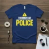 Navy blue t-shirt with "THERMOSTAT POLICE" in white and yellow text, featuring a yellow warning sign graphic