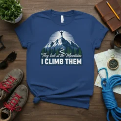 They look at the Mountains I CLIMB THEM text on a navy blue t-shirt featuring a mountain graphic with a