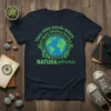 Navy t-shirt with green text "Thien nhien priroda natureleza natura prirode Natura priitureza" and a central Earth graphic