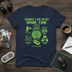 T-shirt graphic listing "Things I Do In My Spare Time" with icons for playing games, watching gameplay, researching games, dreaming