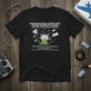 Black t-shirt with white text "THINGS TO SAY AFTER YOU CRASH YOUR RC PLANE" above an explosion graphic and quote