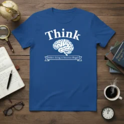 Blue t-shirt with white text "Think Before doing so becomes illegal!" and a brain graphic, perfect for smart thinking quotes