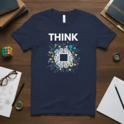 Navy t-shirt with the word THINK above a stylized brain graphic with circuits and geometric shapes