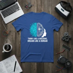 T-shirt with "THINK LIKE A MACHINE, DREAM LIKE A HUMAN" text and a split brain graphic showing circuitry and organic