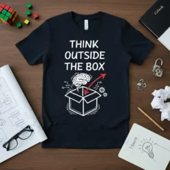 Black t-shirt with white text "THINK OUTSIDE THE BOX" and a graphic of a brain emerging from a box with