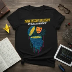 Black t-shirt with yellow text "THINK OUTSIDE THE SCRIPT NPC REBELLCION MOVEMENT" above a graphic of an open head with