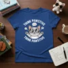 Blue t-shirt with "THINK PAWSTIVE THINK PAWSTIVE" text and a cartoon cat wearing sunglasses