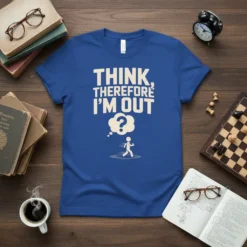 Blue t-shirt with white text "THINK, THEREFORE, I'M OUT" and a running stick figure with a question mark thought bubble