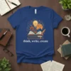 Blue t-shirt with "think, write, create" text and a graphic of an open book, keyboard, lightbulb, and gears