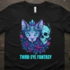 Black t-shirt with "Third Eye Fantasy" text, a purple cat with a third eye, and a light blue skull graphic