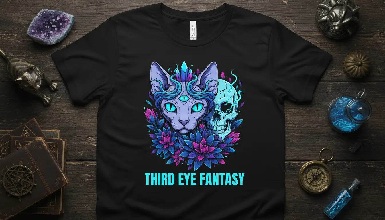 Third Eye Fantasy text with mystical purple cat and skull design on a black t-shirt