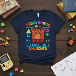 Third Grade Level Up Unlocked t-shirt with pixelated castle, hearts, and game controller icons