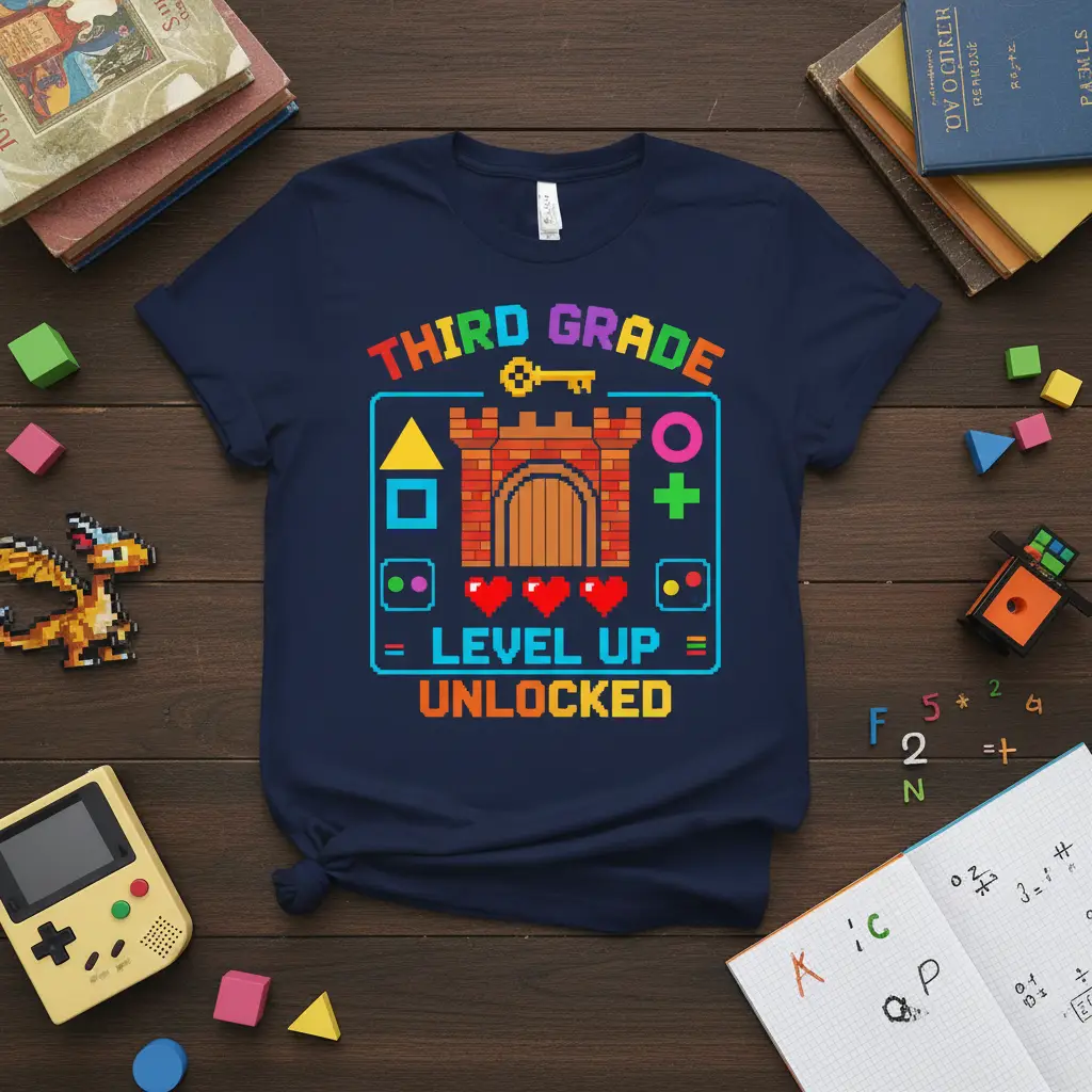 Third Grade Level Up Unlocked pixel art design with castle and game icons on a navy tee