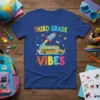 Third Grade Vibes CLASS OF '24 t-shirt design with colorful text, school bus, and rocket graphic