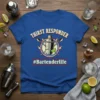 Thirst Responder #Bartenderlife t-shirt design featuring a cocktail shaker, ice, lime, and spoons with lightning bolts and text