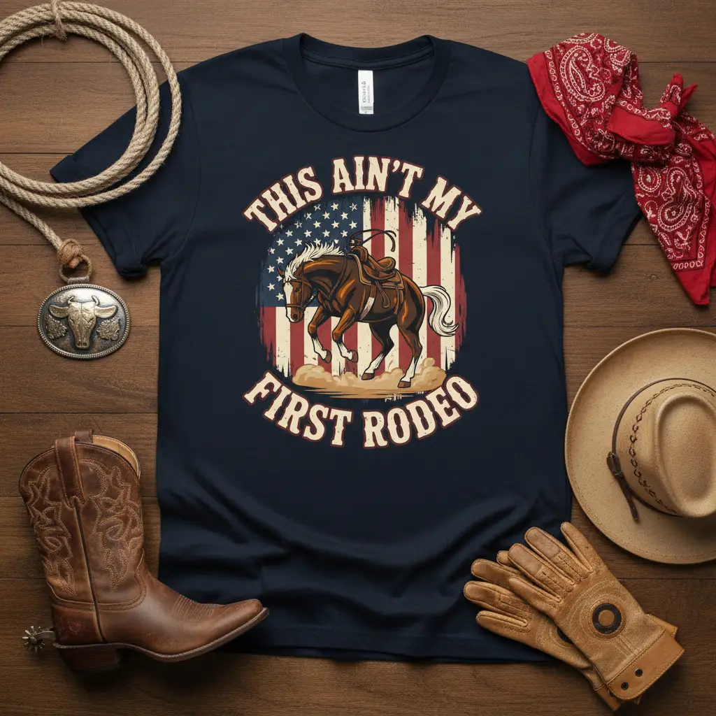 This Ain't My First Rodeo quote on a t-shirt with a horse and distressed American flag design