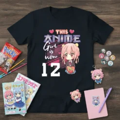 This Anime Girl is now 12 birthday t-shirt with pink-haired anime character holding a heart gift box