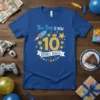 This Boy IS NOW 10 DOUBLE DIGITS birthday t-shirt with a rocket and gold stars graphic