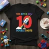 This Boy Is Now 10 Double Digits birthday t-shirt with a red number 10 and a rocket blasting off