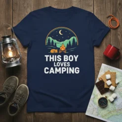 This Boy Loves Camping t-shirt design with a cozy campfire scene and a sleeping fox graphic