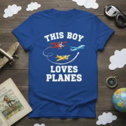 Blue t-shirt with white text "THIS BOY LOVES PLANES" and cartoon airplanes flying in a circular path