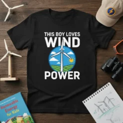 Black t-shirt with white text "THIS BOY LOVES WIND POWER" above a circular graphic of a wind turbine, green fields