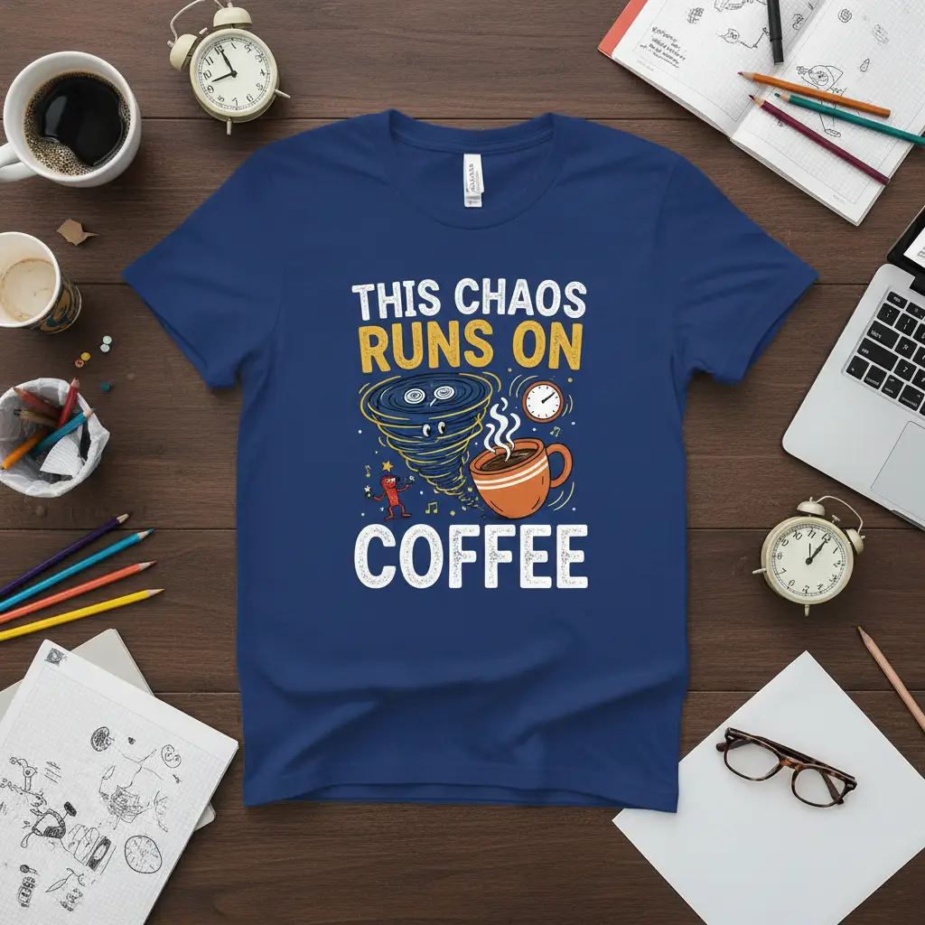 THIS CHAOS RUNS ON COFFEE text with cartoon tornado and coffee cup graphic on a t-shirt