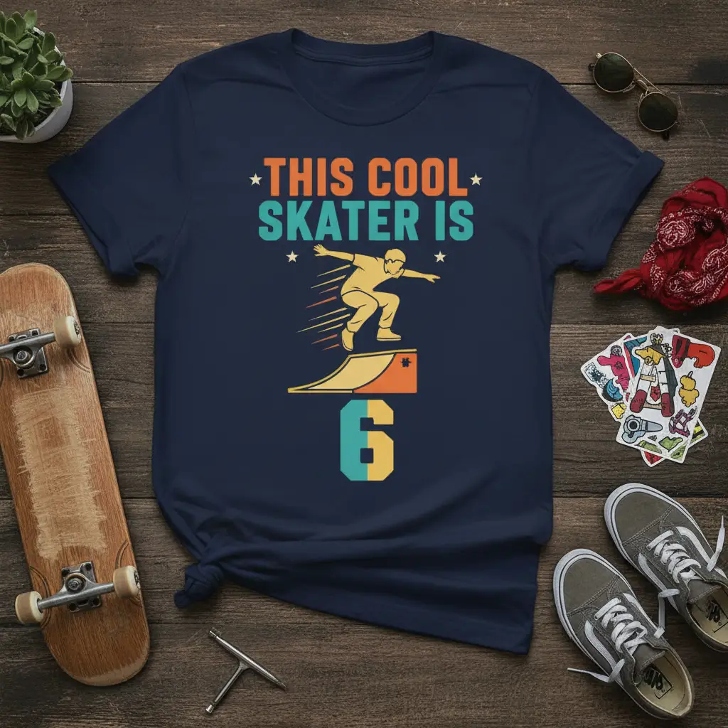This Cool Skater Is 6 birthday t-shirt design featuring a skater on a ramp and number 6 graphic
