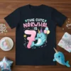 This Cute Narwhal Is 7 birthday t-shirt design featuring a happy narwhal with balloons and the number 7