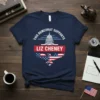 Navy blue t-shirt with text "THIS DEMCORAT SUPPORTS LIZ CHENEY" above Capitol building and American flag eagle graphic