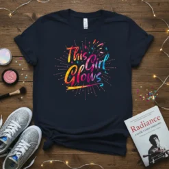 This Girl Glows colorful text design on a navy blue t-shirt with bright starbursts and sparkles