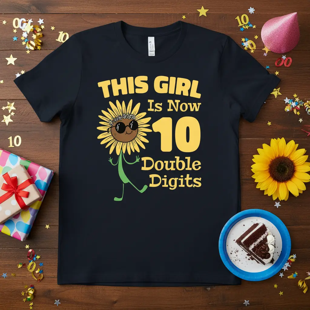 THIS GIRL Is Now 10 Double Digits celebratory text with a cute sunflower illustration on a black birthday t-shirt